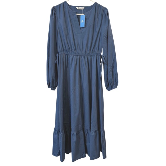 Cupshe Dresses & Skirts - NEW Cupshe Womens S Long Sleeve V-Neck Tiered Midi Dress Blue Ruffle Tie Modest